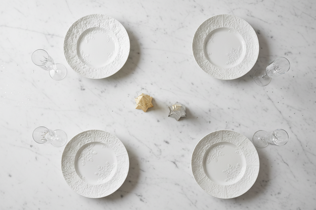 Avec des couleurs très très minimaliste, je veux que ce soit très luxueux comme sur une table de milliardaire et je veux que la table soit carrée qu’on ne voit seulement la table et pas le reste je ne veux pas une nappe, je veux une table en marbre, je veux des assiettes en porcelaine blanche sculpter avec des coupes de champagne très très luxe