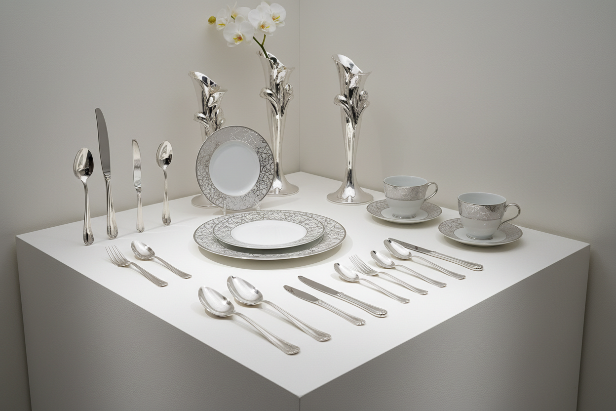 Génère une image pour La Maison Coelson.
Produits de table : couverts, assiettes, tasses, vases…
Style Christofle, ultra luxe, minimaliste, élégant, à la française.
Fond blanc ou très clair, lumière douce, objets mis en valeur comme dans une galerie.
Haute qualité, boutique haut de gamme.
Fashion vraiment à la française